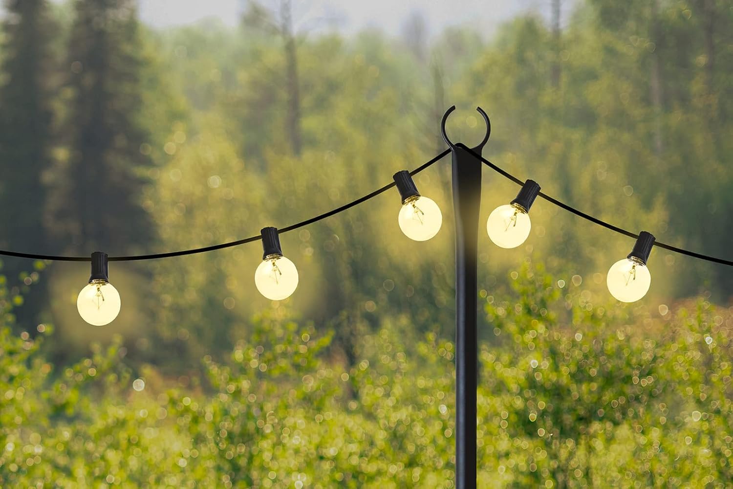 SFEG Outdoor String Light Pole - Non-Corrosive Steel Outdoor Light Poles for Ground with Fork Base - Metal Post Light Hangers for Garden, Backyard Lighting - For Wedding, Parties, Events - 96x7.8x8.4