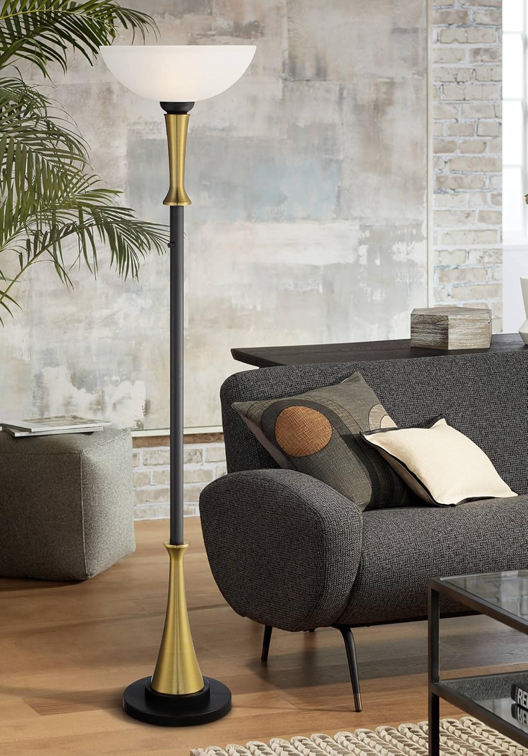 Burbank Modern Mid Century Art Deco Glam Style Torchiere Floor Lamp Black Brass Metal Frosted White Glass Shade for Living Room Reading House Bedroom Home Office Uplight - Possini Euro Design