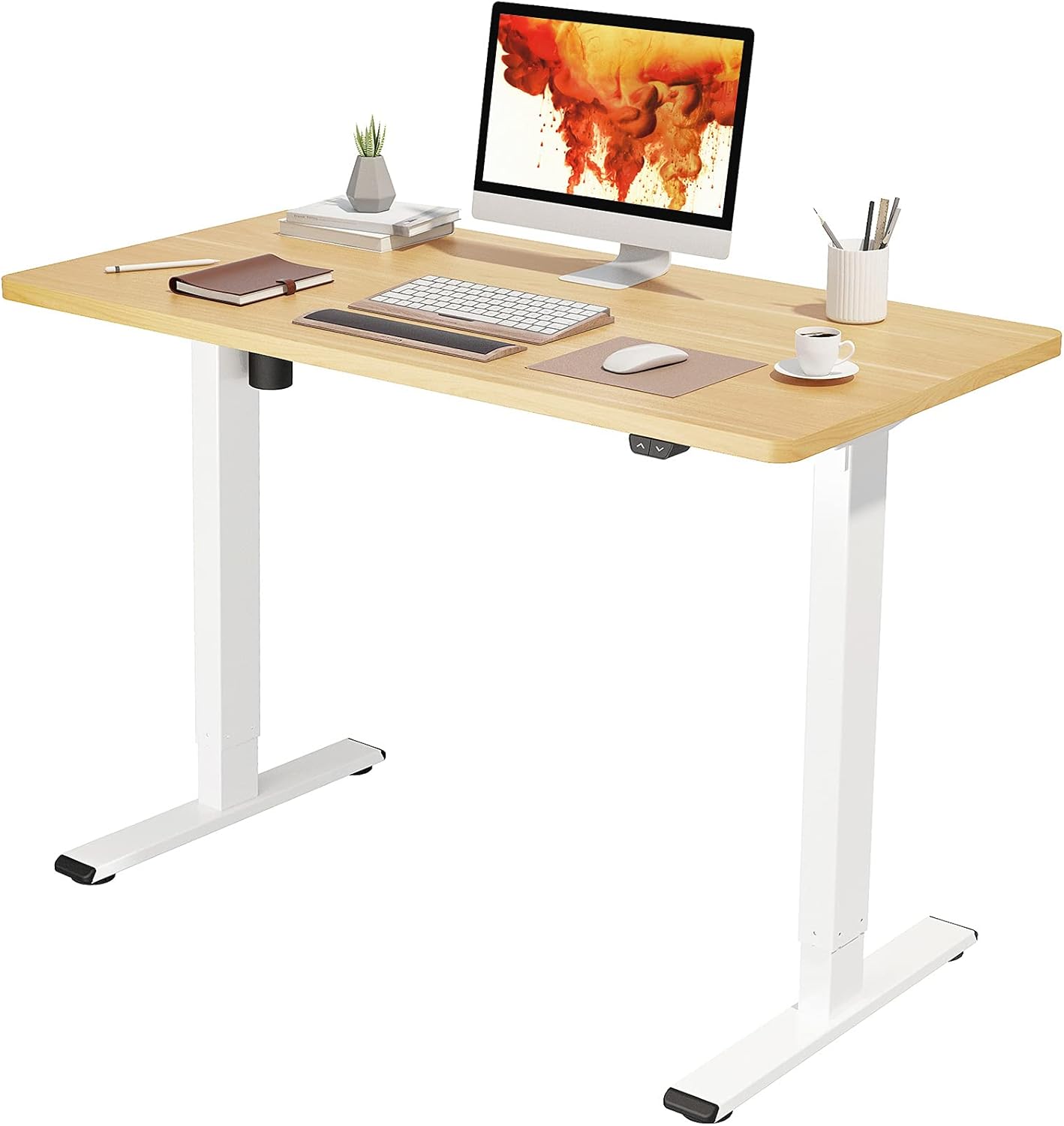 Flexispot EC1 Adjustable Height Desk 42 x 24 Inches Small Desk for Small Space Electric Sit Stand Home Office Table Standing Desk Classic(White Frame + 42 inch Maple Desktop)