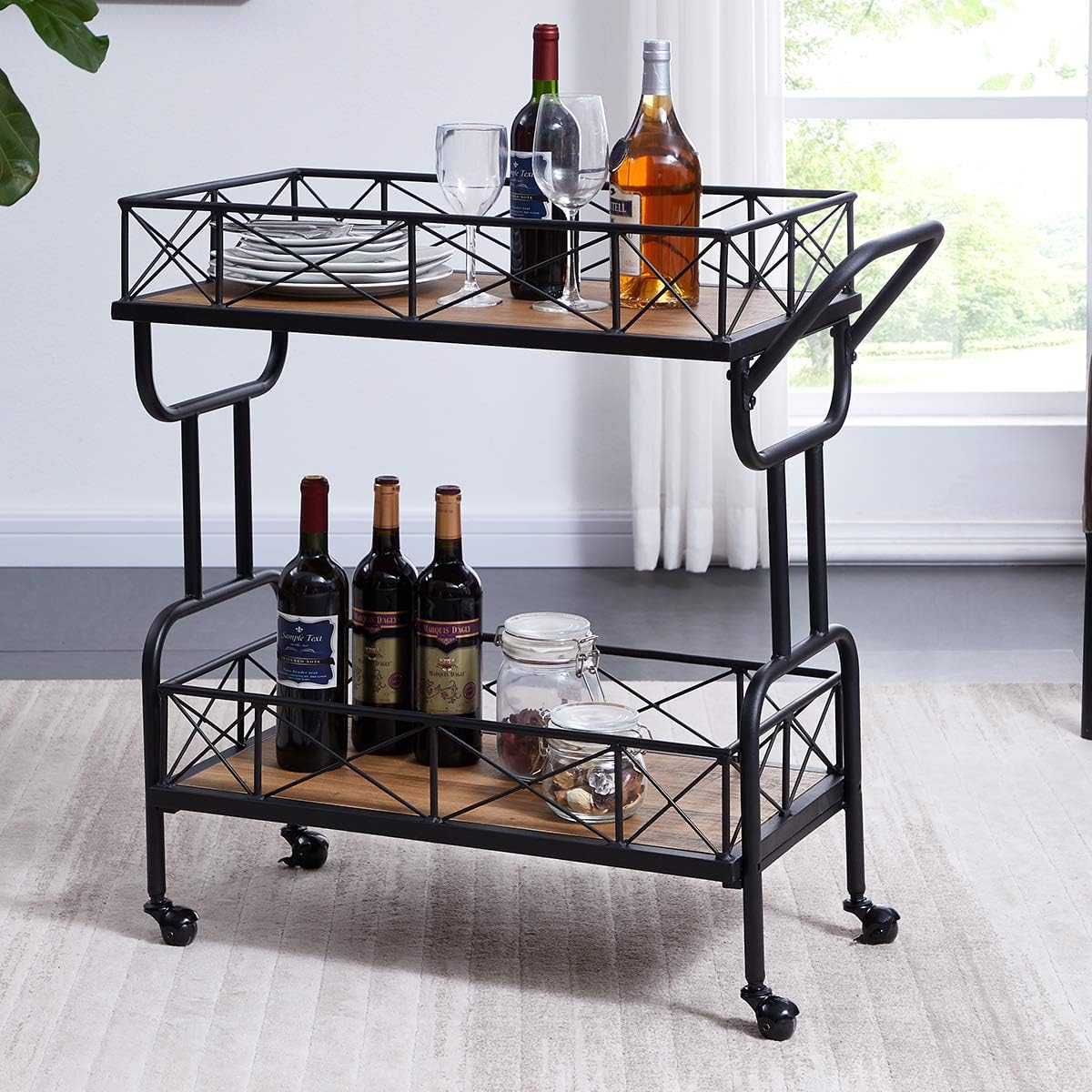 HOMISSUE Kitchen Bar Cart on Wheels, Industrial Style Rolling Serving Bar Cart with Rack, Brown