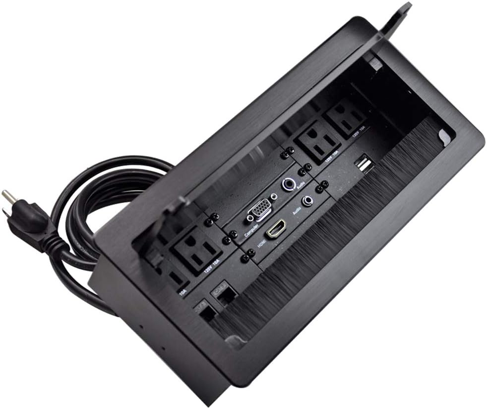 Conference Table Power Brush Connectivity Box with 4 AC Power + 2 RJ45（CAT6） + 2 Audio 3.5mm + 1 VGA + 1 HDMI + 2 USB Charger with 5.58ft Power Cord … (Black)