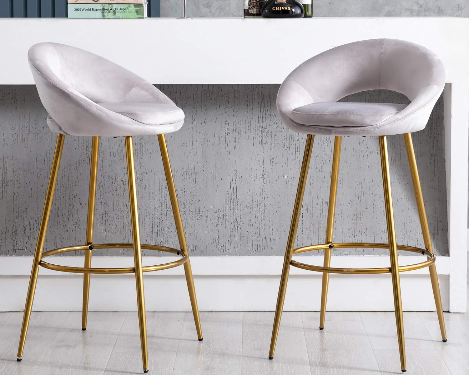 HAIQUN CIMOTA Velvet Pink Bar Stools Set of 2, Modern Tufted Barstools 30 Inch Bar Height Chairs with Open Back/Footrest Kitchen Stools for Island/Home Bar/Dining Room/Kitchen