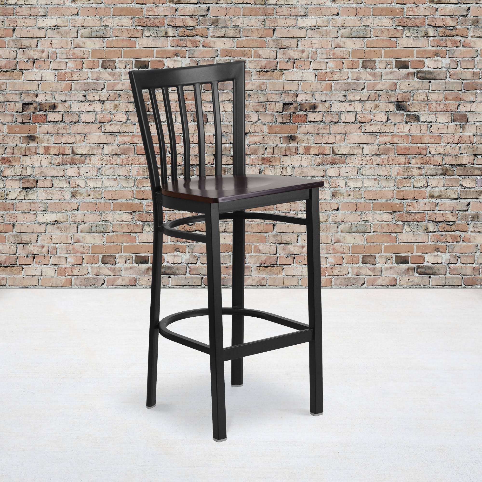 Emma and Oliver Black Metal School House Back Barstool, Walnut Wood Seat