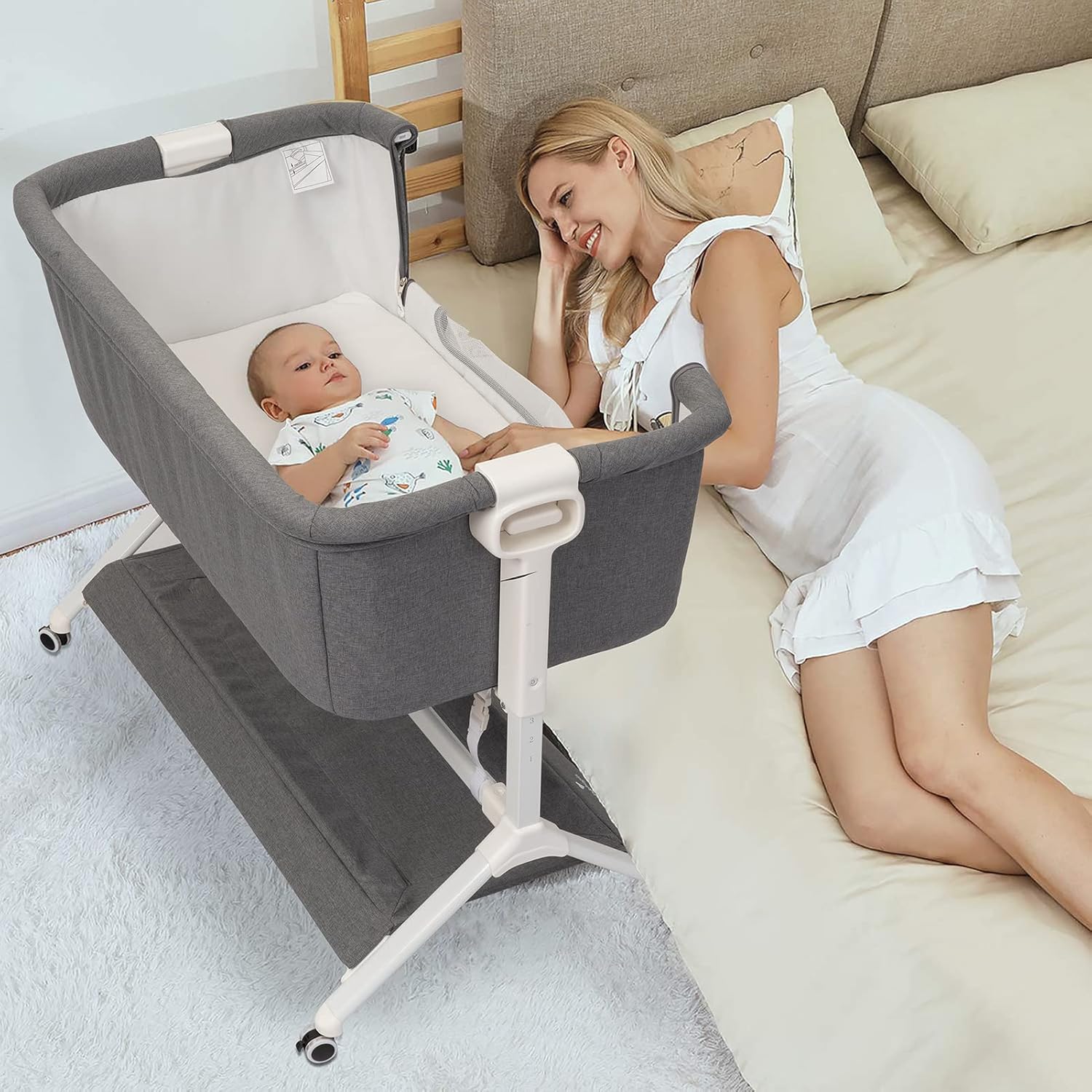 Obbao Bedside Sleeper, Co-Sleeper Bassinet for Bed, Portable Baby Bassinet Crib with Detachable Mattress, Height Angle Adjustable, Breathable Mesh, Grey