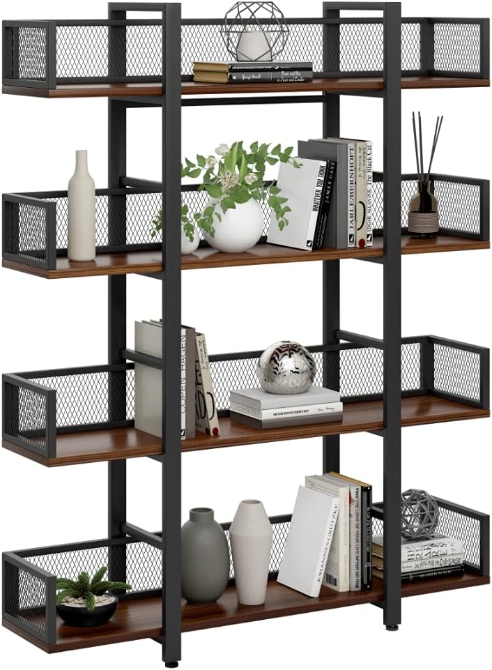 STURDIS Solid Wood Black Metal Industrial Bookshelf - 4 Tier - Visually Appealing & High Capacity for Book Storage