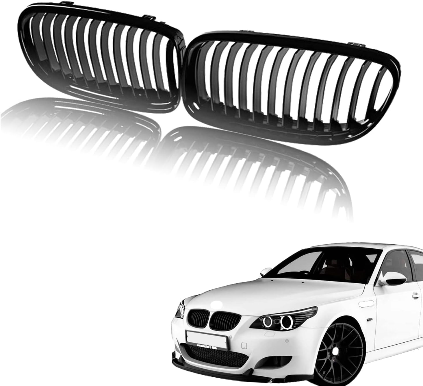 AvA Grille Grill for BMW 5 Series M5 E60 E61 Sedan 525i 525xi 528i 528xi 530i 530xi 2004 2005 2006 2007 2008 2009 2Pcs (Gloss Black-Single Slats)