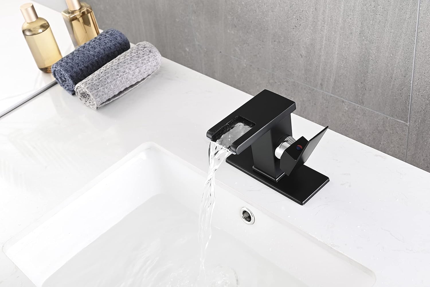 DQB Bathroom Sink Faucet LED fit Single Handle Single Hole Waterfall Spout for Bathroom,Lavatory,Vanity Brass Matte Black