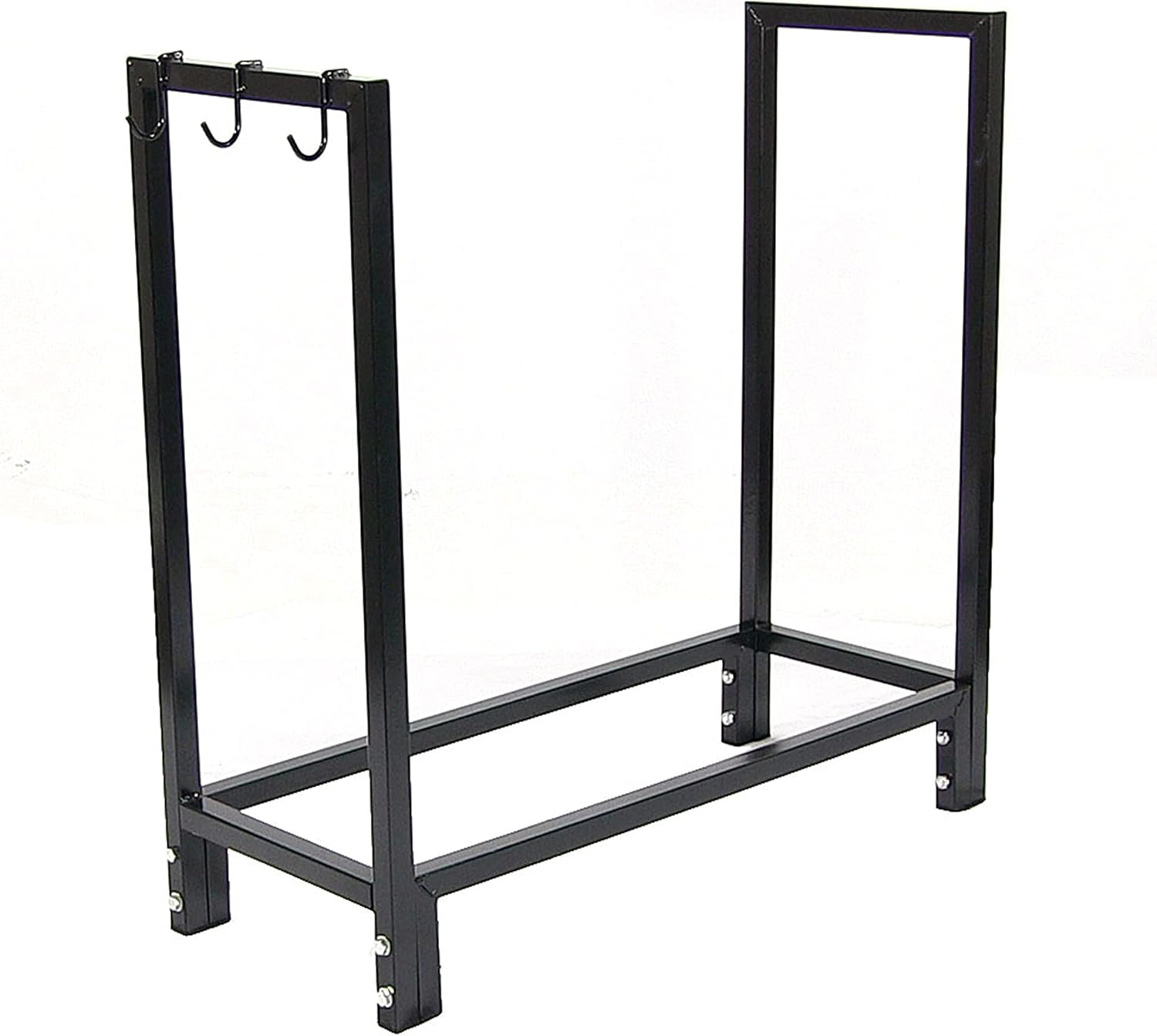 Sunnydaze Log Rack Firewood Holder with Hooks - Indoor/Outdoor 30-Inch Black Steel Metal Fireplace Wood Storage Stand with Holders for Fireside Tools and Accessories