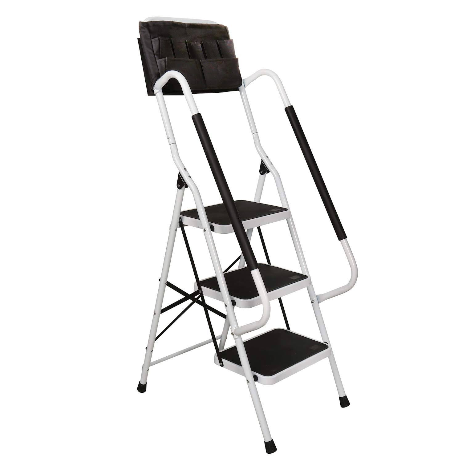 Folding 3-Step Safety Step Ladder - Padded Side Handrails - Attachable Tool