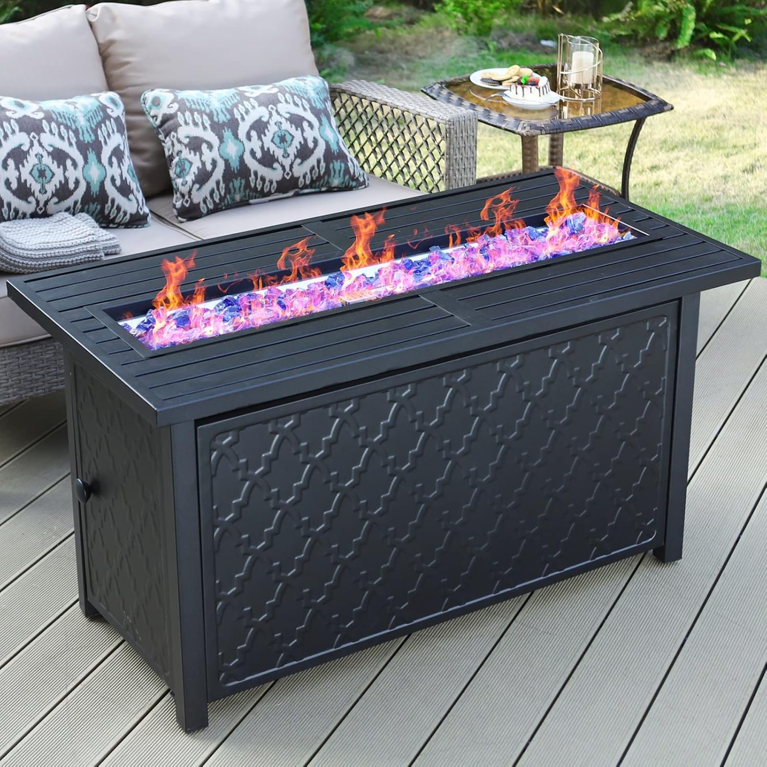 Sophia & William Propane Gas Fire Pit Table 45 Inch 50,000BTU Rectangular Outdoor Firepits for Outside Patio with Lid and Blue Fire Glass, Black