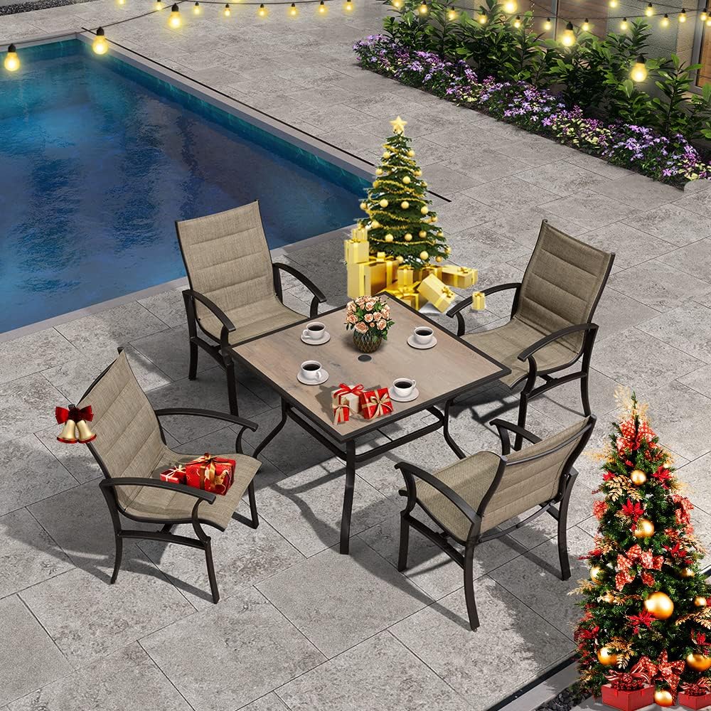 PURPLE LEAF 5-Piece Patio Dining Set Conversation Set with 4 Dining Chairs and Modern Metal Table with Umbrella Hole for Outside Porch Deck Balcony Backyard Outdoor Dining Furniture Sets