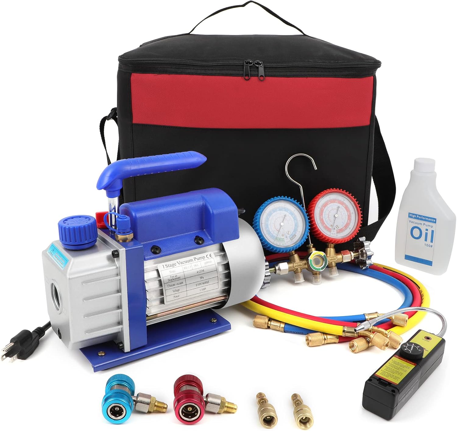 GYZJ Complete Refrigerant Repair Tool Kit,1/3 HP 4CFM HVAC Vacuum Pump,R134a AC Manifold Gauge Set with Hoses and Quick Couplers,Leak Detector for Air Conditioner
