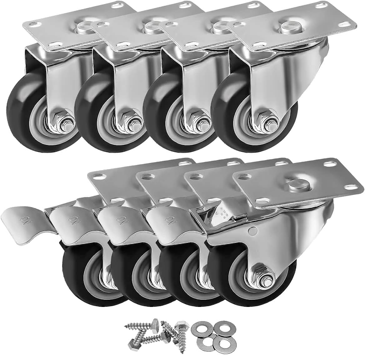 8 Pack 3 Inch Combo Caster Swivel Plate 4 w/Brake & 4 Plate Heavy Duty on Blue PU Wheels with Heavy Duty Screws