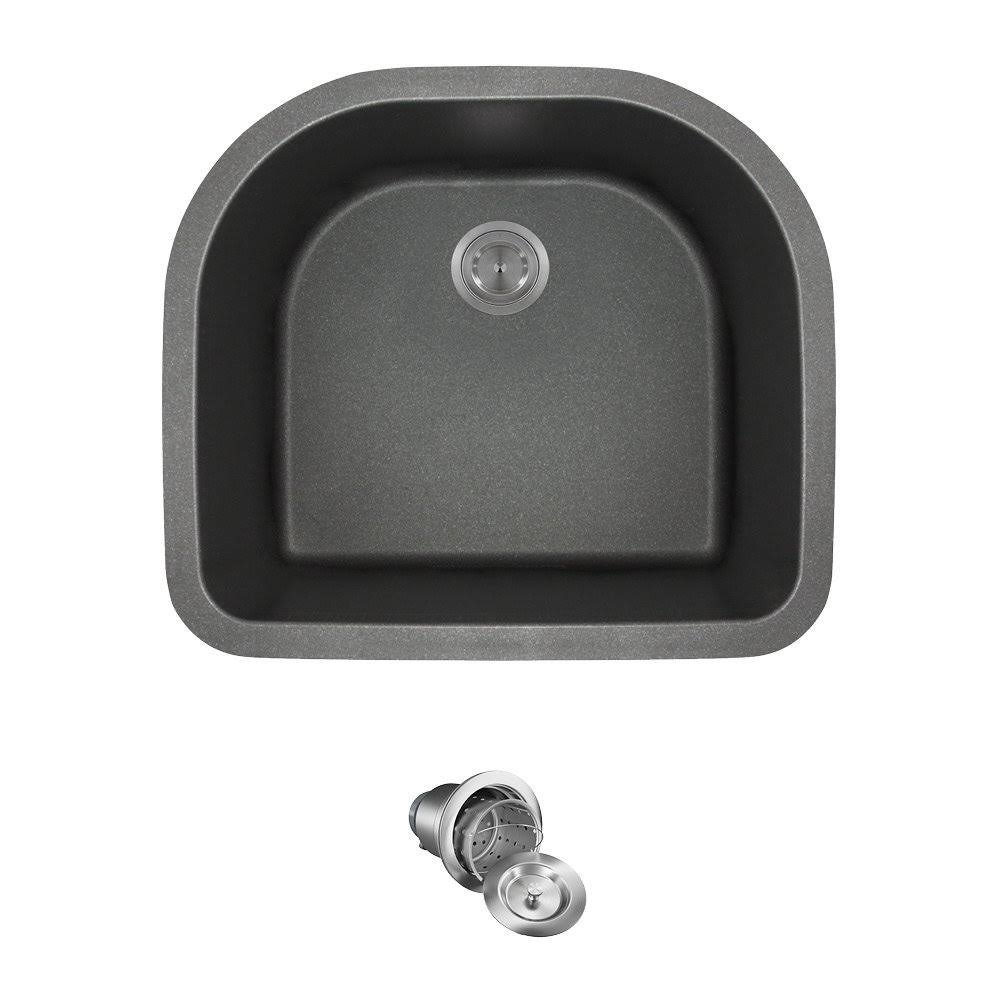Mr Direct 824 Black Undermount Quartz 24 3/4 in. Single Bowl Kitchen Sink Ensemble with One Basket STRAINER