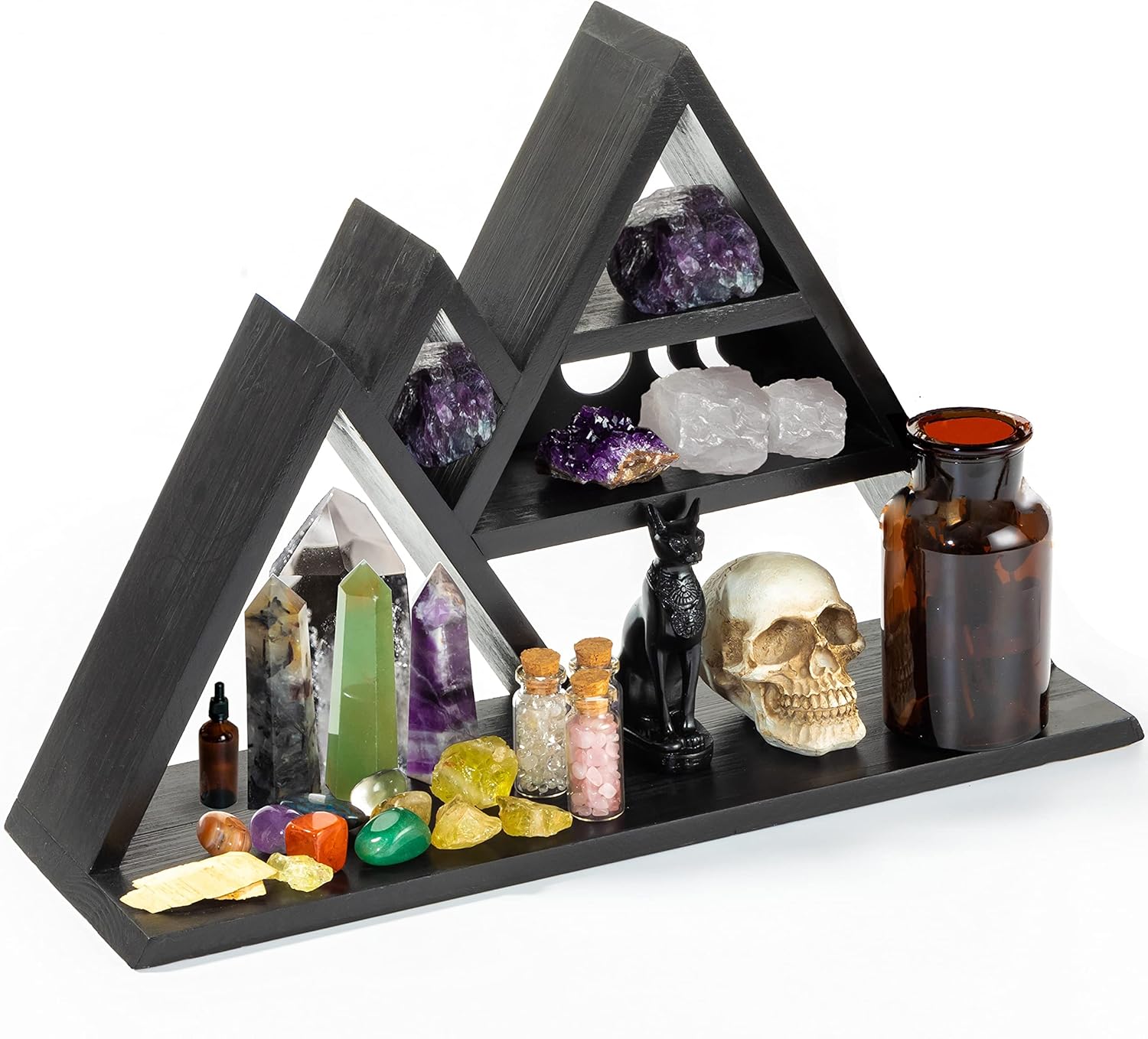 Crystal Display Shelf for Stones, Oils & More - Stylish Black Crystal Shelf Display Holder - Mountain Shelf Home Witchy Room Decor & Moon Phase Design - Versatile Wall or Surface Placement Pack of 2