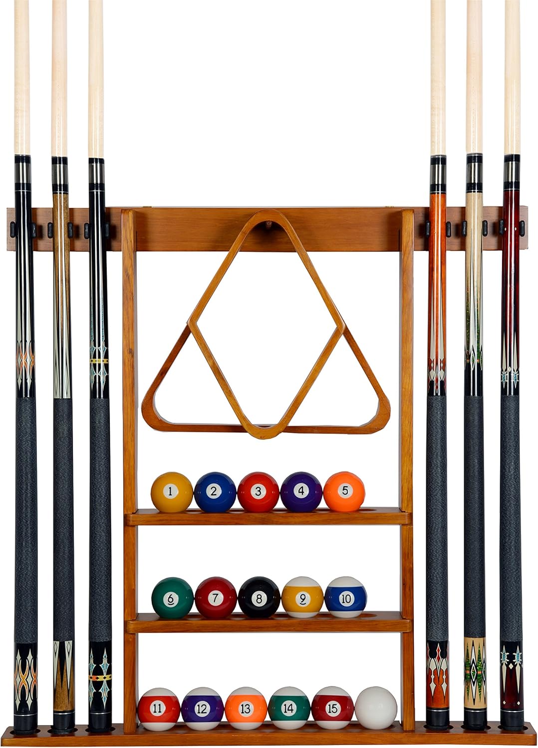 Cue Rack Only- 6 Pool Billiard Stick + Ball Set Wall Rack Holder Made of 100% Wood Choose Mahogany, Dark oak or Black Finish Pack of 2