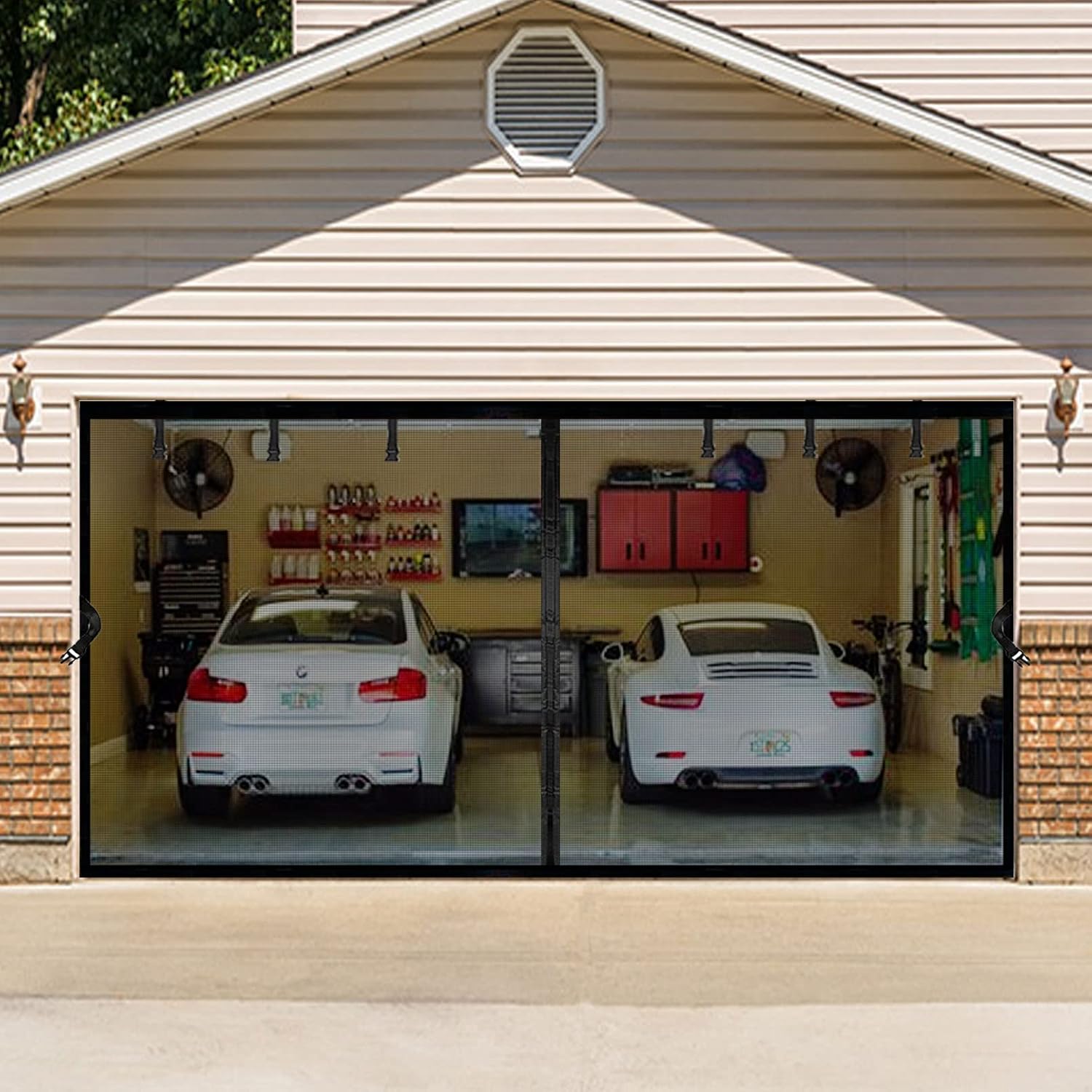 Magnetic Garage Door Screen for 1 Car Garage 114x90inch, Durable Heavy Duty Fiberglass Screen Mesh, Screen Door with Magnets for Garage Doors Breathable, Easy Assembly Pass-Through (9.5x7.5ft, Black)