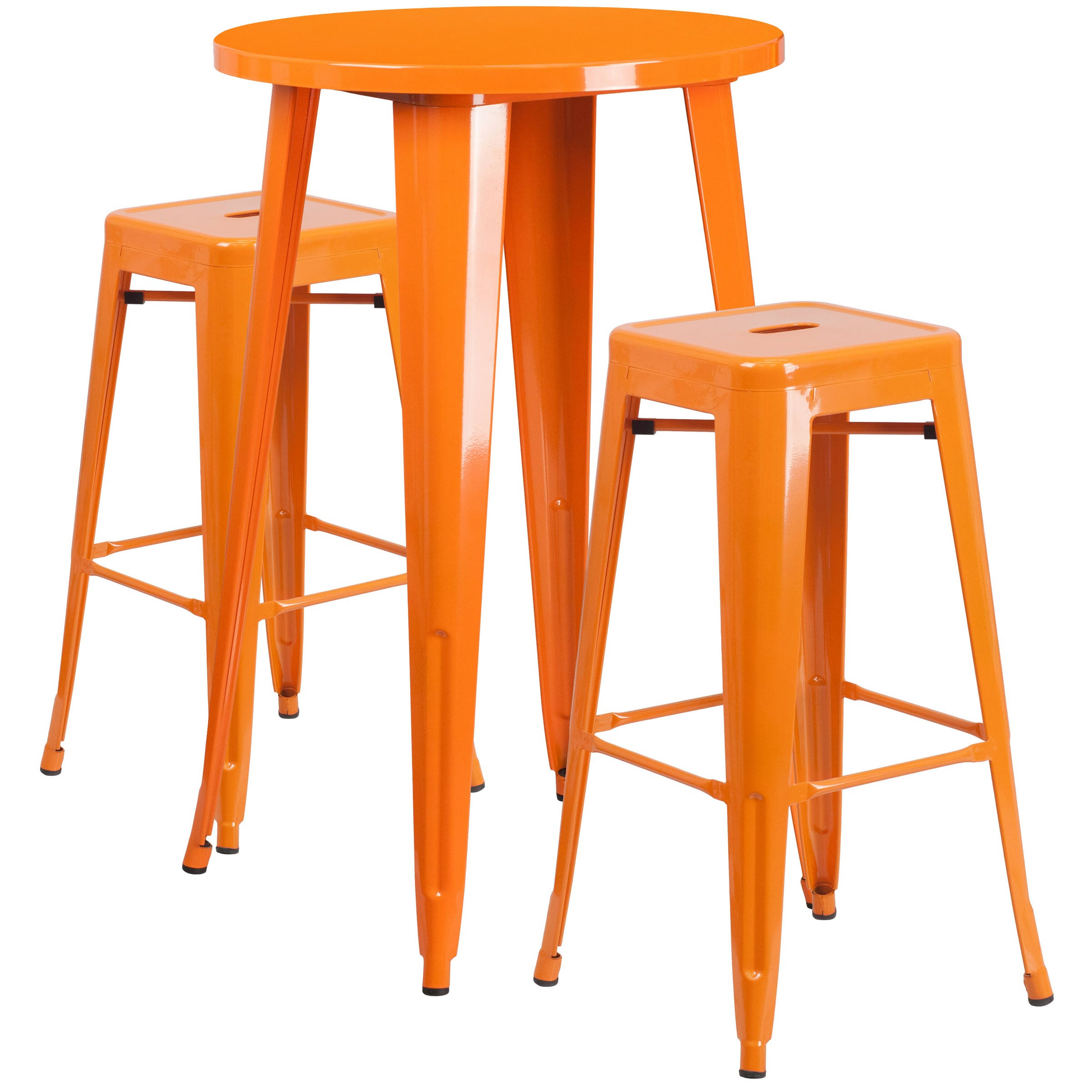 Flash Furniture 24&& Round Metal Indoor-Outdoor Bar Table Set with 2 Square Seat Backless Stools, Orange
