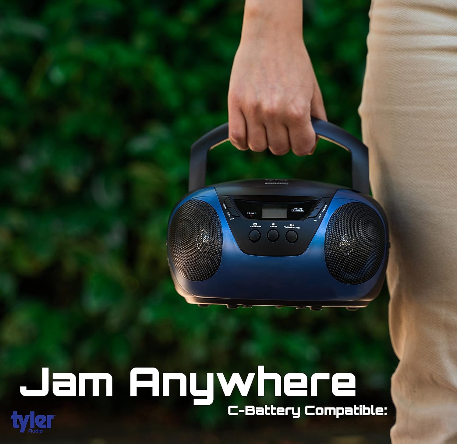 Tyler Portable CD Player Boombox Radio AM/FM Top Loading AC & Battery Compatible Aux Input & 3.5mm Headphone Jack Small Lightweight Compact Boom Box Home Stereo Speaker Carrying Handle Kids Room Blue