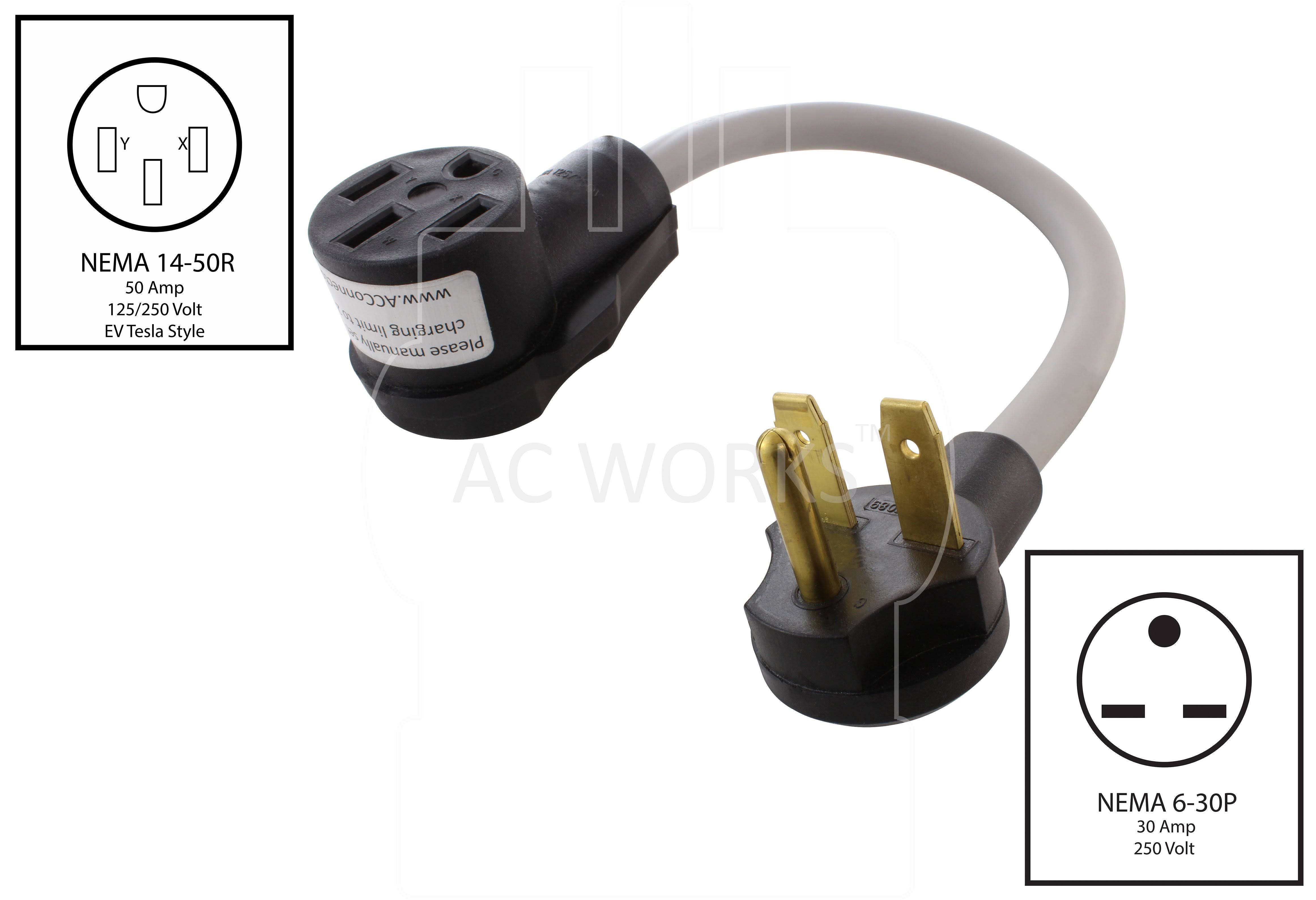 AC Works Electric Vehicle Adapter Cord for Tesla Use (6-30 to Tesla)