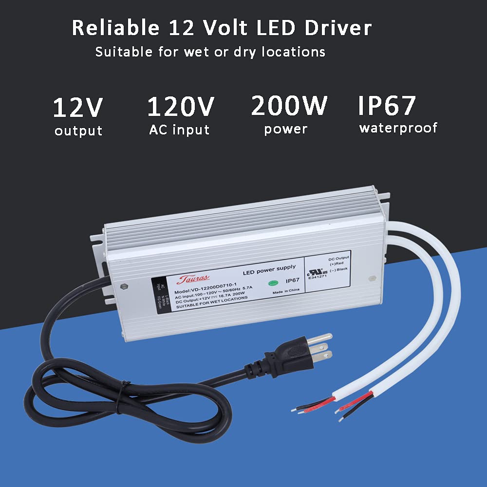 12V 200W Low Voltage Transformer IP67 Waterproof 12 Volt LED Driver Power Supply 200 Watts Adapter 110V AC to 12V DC Pack of 2
