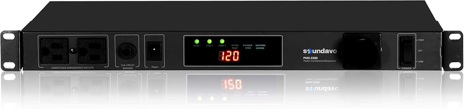Soundavo PMX-3300 Power Conditioner and Surge Sequencer 10 Protected Outlets and 3 Zones 15A with LED Voltmeter Display & Pullout Light (Black Panel Version)