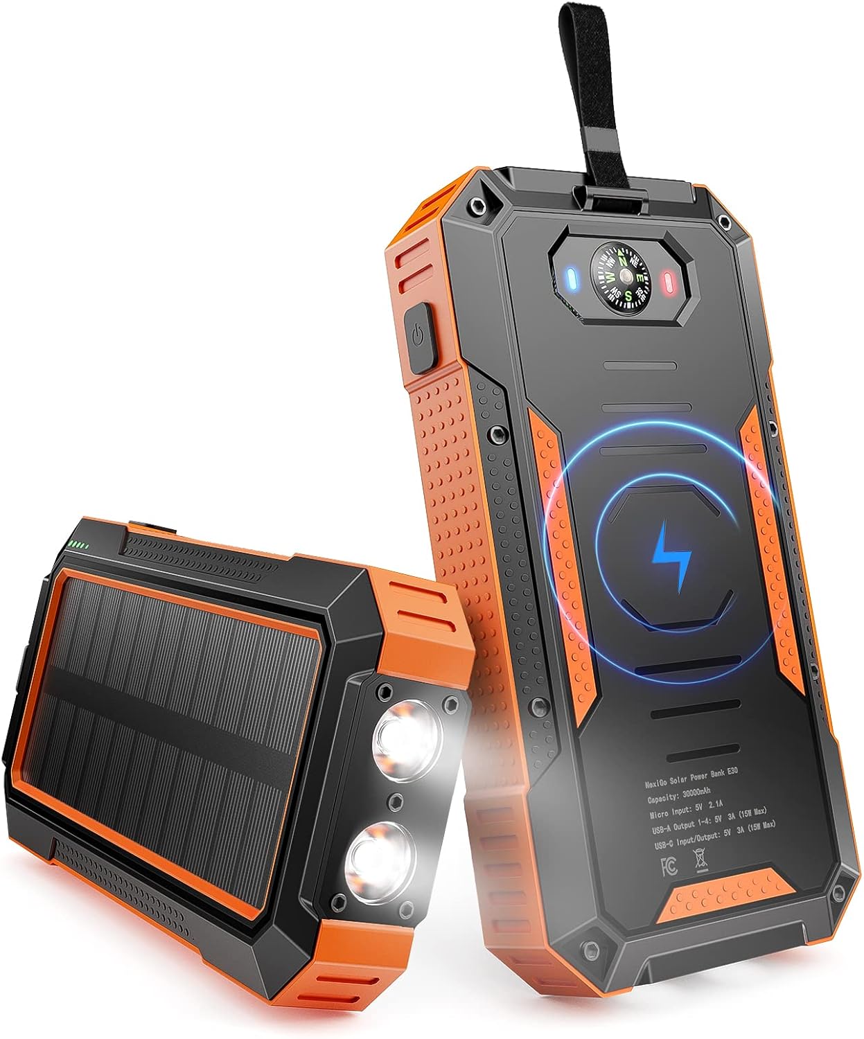 NexiGo Solar Power Bank 30000 mAh, Wireless Solar Charger with 6 Outputs (Max 15W) & Inputs, IP65 Waterproof, Built-in LED Flashlight, Compass Backup Battery Pack for Outdoor Activities
