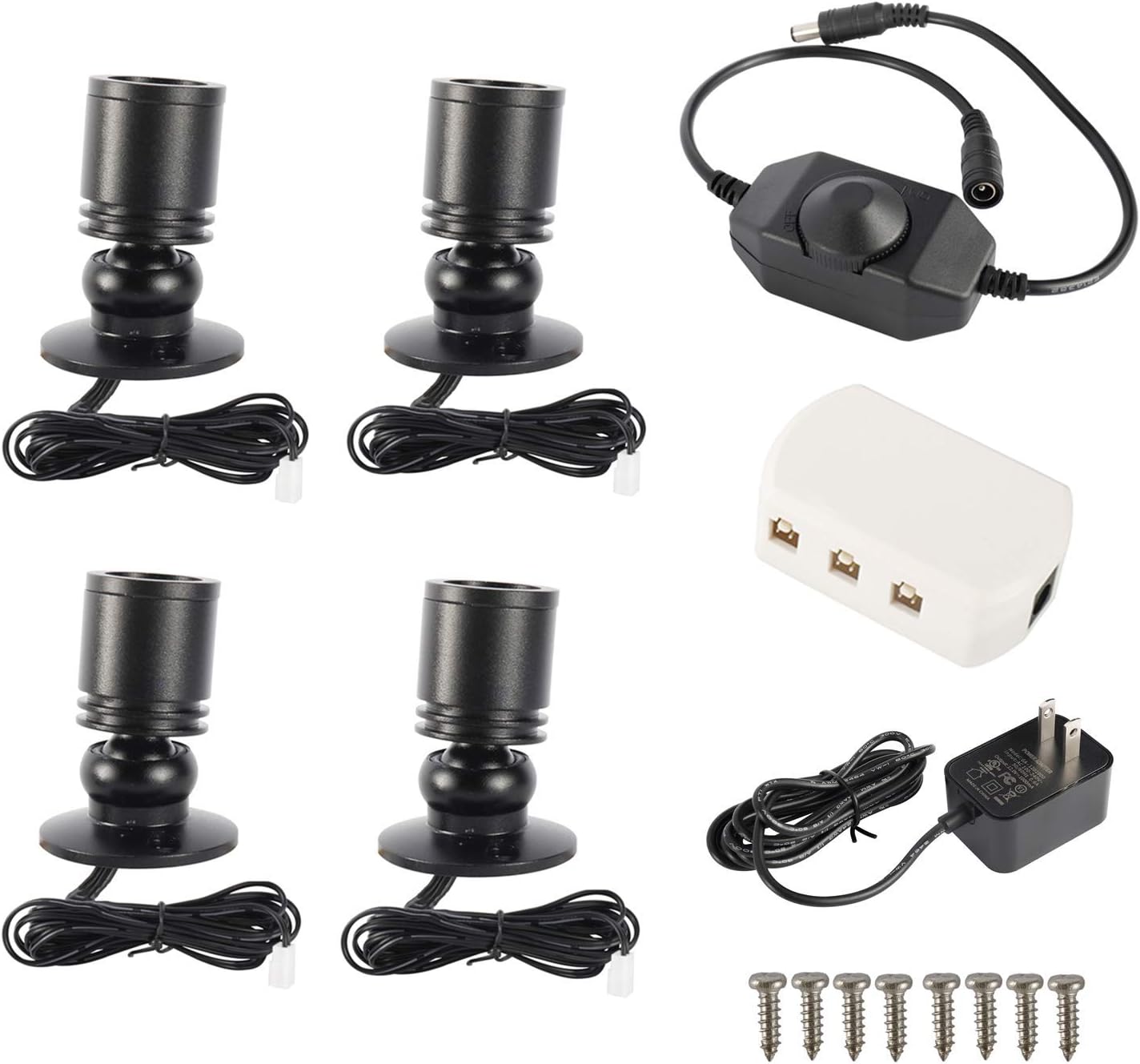 YaeCCC 4 Pack Dimmable Mini Spotlight Jewelry Showcase Display Lighting Fixture, Black Shell Surface Mount with Dimmer, Warm White 3000k 1.5W 12V DC