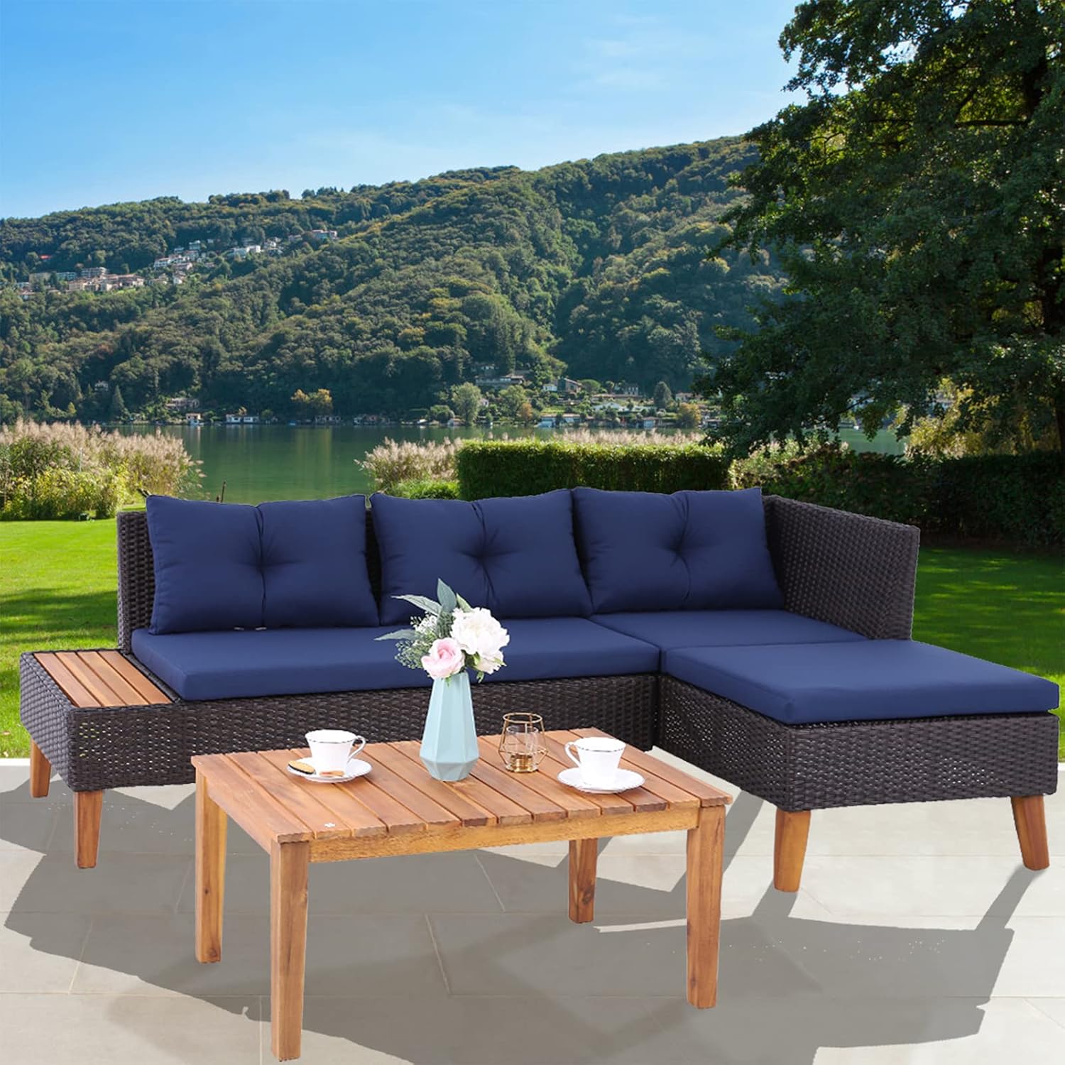 MFSTUDIO 3 Pieces Patio Rattan Furniture Set，Outdoor Wicker and Acacia Wood Sectional Sofa Set for Garden,Backyard,Poolside(Navy Blue)