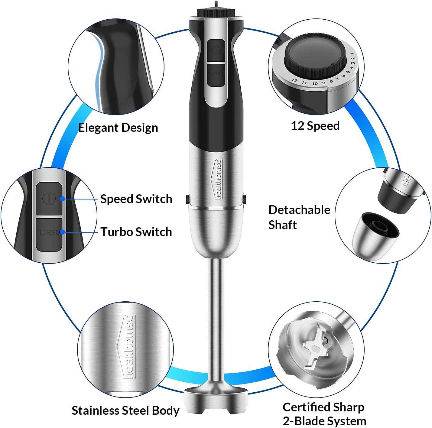 [Upgraded] 5-In-1 Immersion Blender Hand Blender, healthomse 800W 12-Speed Powerful Stainless Steel Stick Blender with Milk Frother,Egg Whisk, 4-Blades 500ml Chopper and 700ml Beaker with Lid Pack of 2