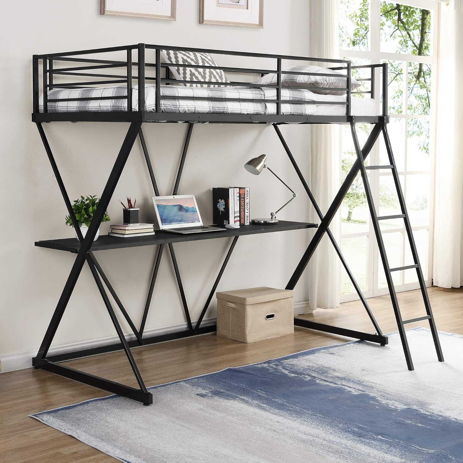 Merax Metal Frame Twin Loft Bed with Desk, Ladder and Full-Length Guardrails, No Box Spring Needed, Black