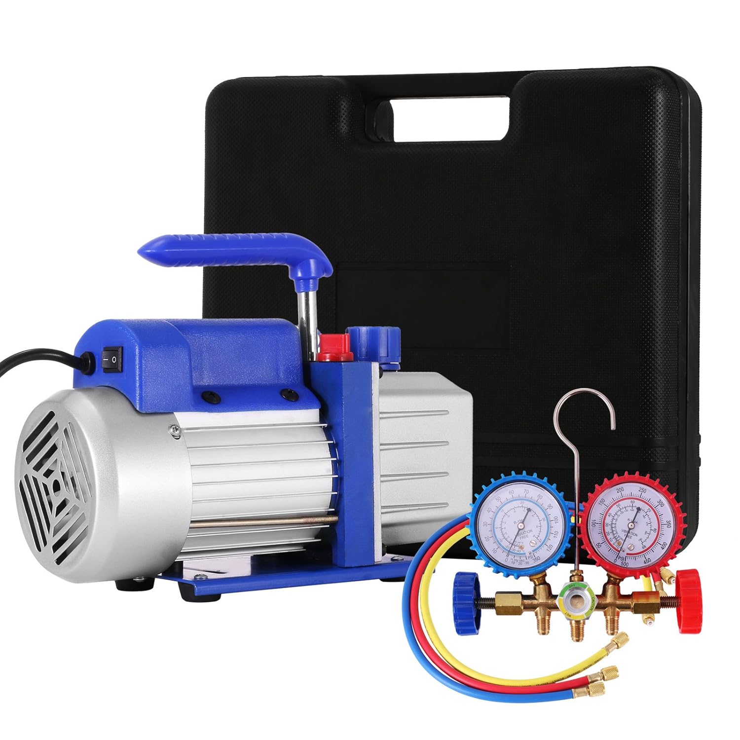 VEVOR Vacuum Pump Kit HVAC Single Stage AC Vacuum Pump 4CFM 1/4HP Air Vacuum Pump with 1 Valve A/C Manifold Gauge Set Refrigerant Air Conditioning (4CFM1/4HP 1Valve)