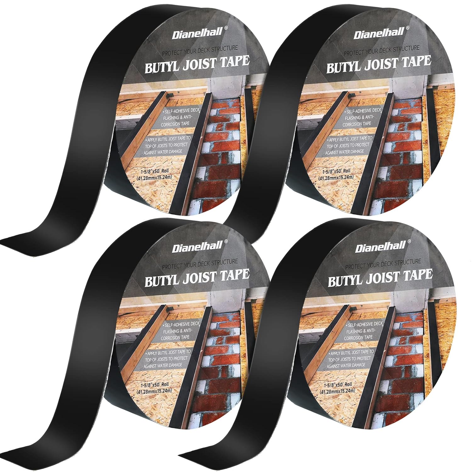 4 Rolls Joist Tape for Decking 1-5/8 Inch x 50 Feet Deck Flashing Tape Joist Protection Tape Butyl Joist Tape for Joists and Beams, Preservative Waterproof Deck Joist Tape, Black