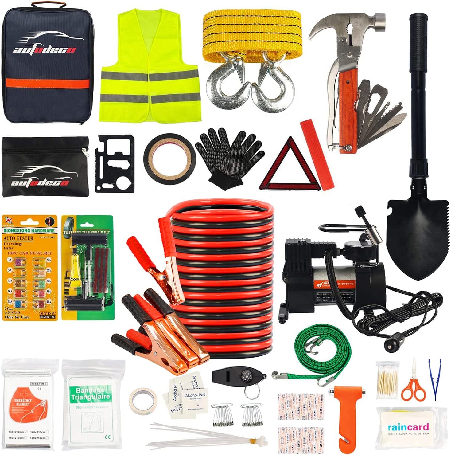 AUTODECO Car Roadside Emergency Kit - 118-Piece Premium Heavy Duty Car Roadside Emergency Kit - Jumper Cables Portable Air Compressor Tow Strap Multifunctional Hammer Shovel, etc. Pack of 2