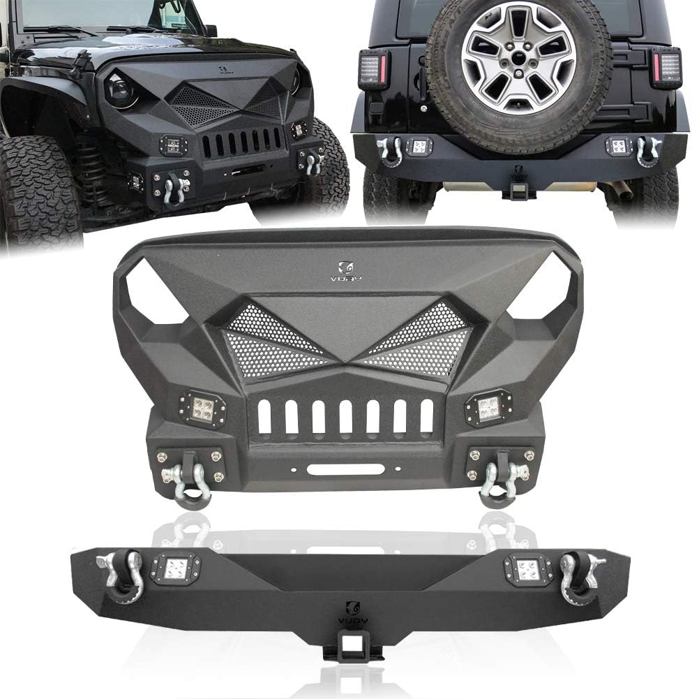 Tioyar Front and Rear Bumper with Winch Plate and 6 LED Lights and Front Grille and D-Rings fit 2007-2018 Wrangler JK&JKU (Texture Black)