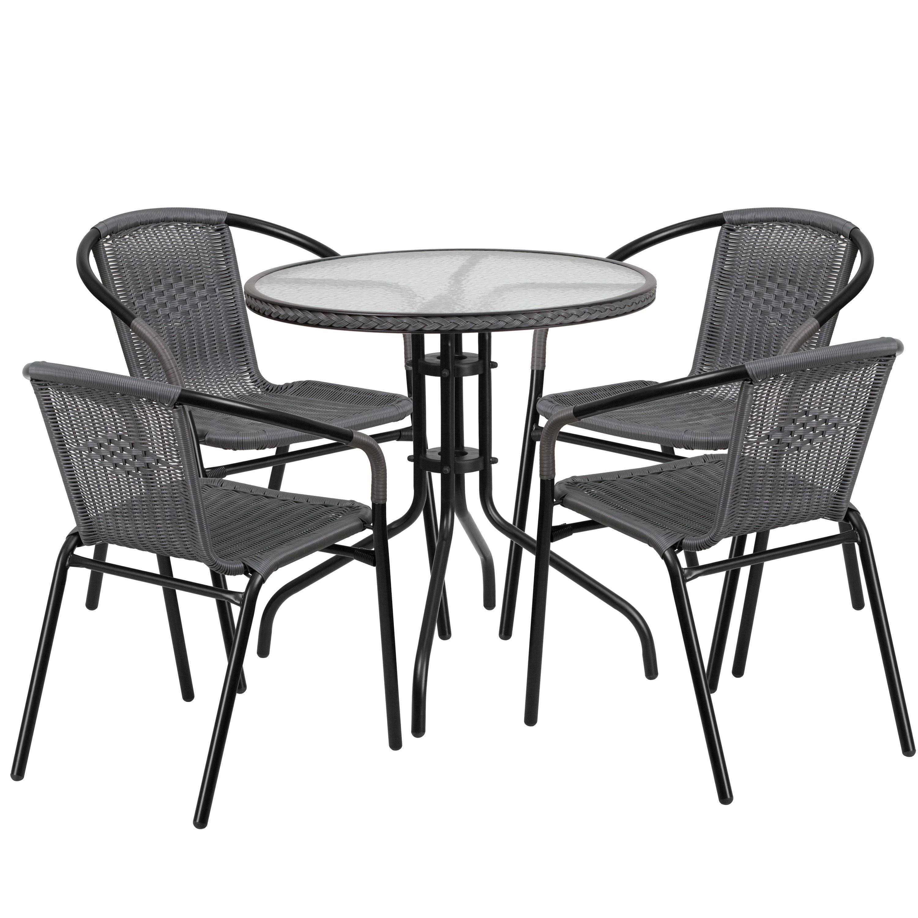 Flash Furniture 28&& Round Glass Metal Table with Gray Rattan Edging and 4 Gray Rattan Stack Chairs