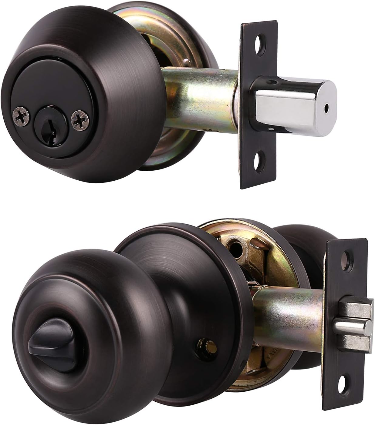 Probrico Entry Door Knob and Double Cylinder Deadbolt Lock Combo Set, Keyed Alike, Flat Black, Set of 4