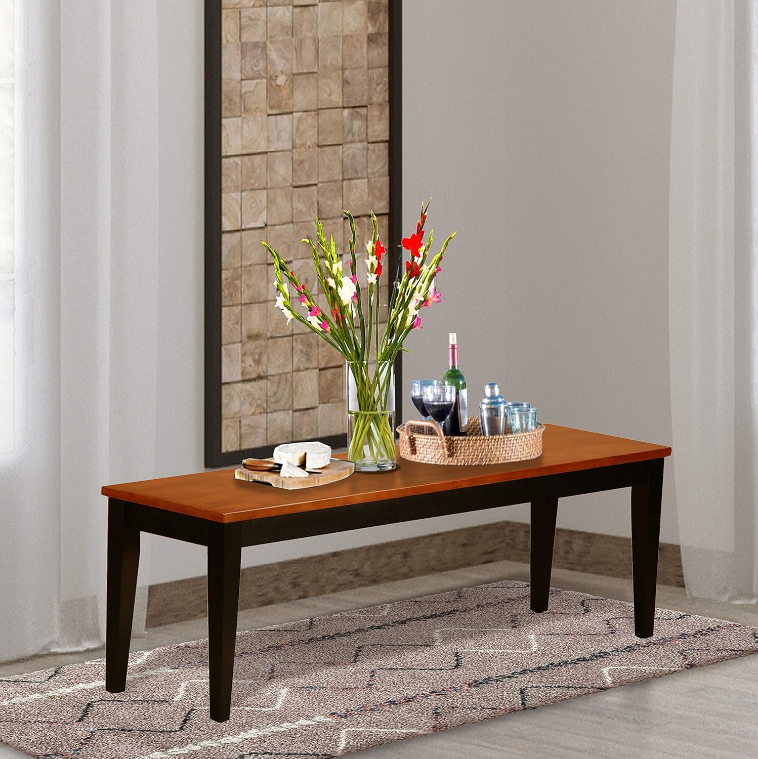 Nicoli Dining Bench with Wood Seat in Black and Cherry Finish