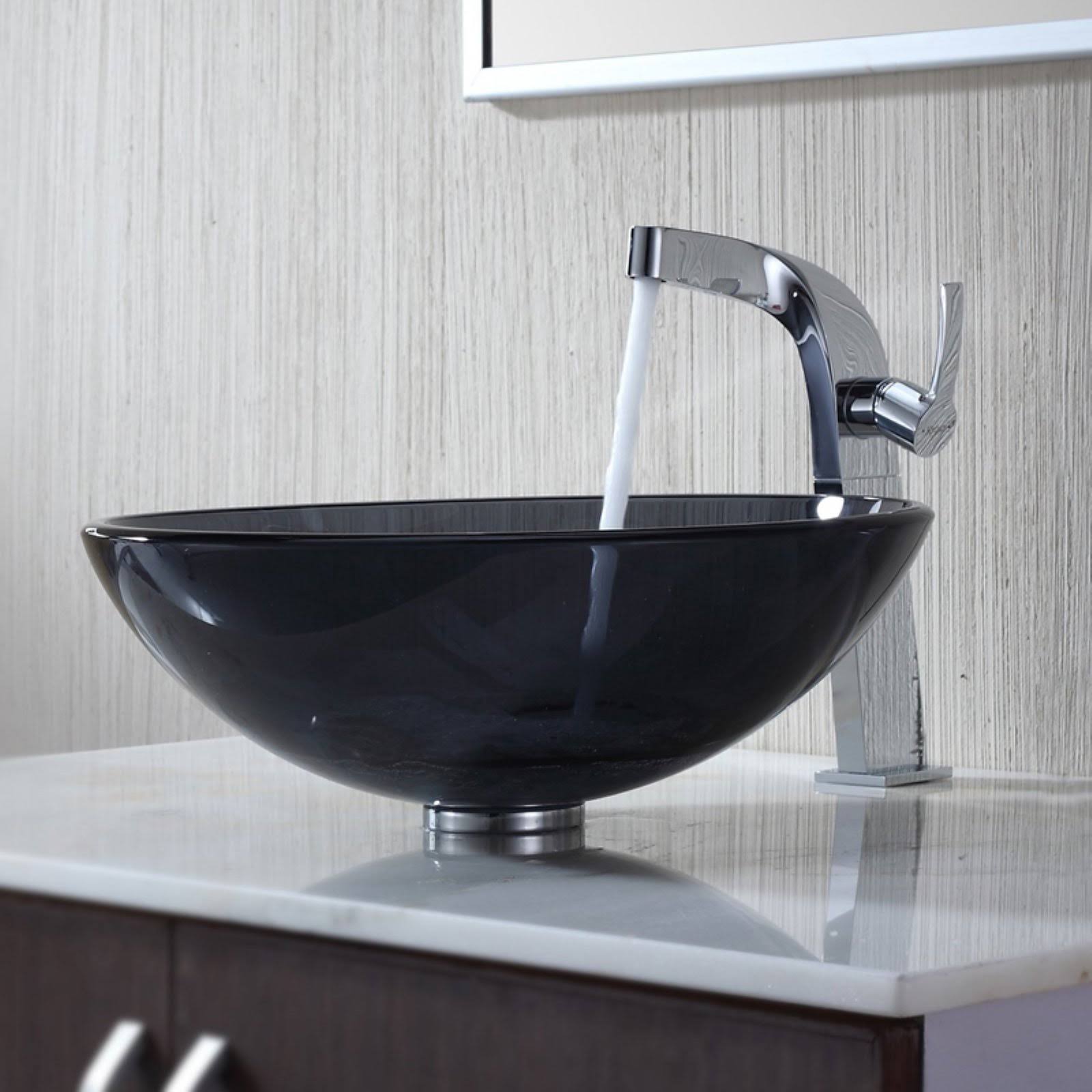 Kraus C-GV-104-12mm-15100CH Clear Black Glass Vessel Sink and Typhon Faucet - Chrome