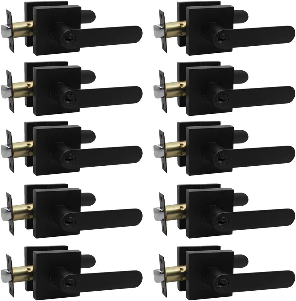 6 Pack Probrico (Combo Pack)Door Entry Hardware Keyed Aliked Entrance Door Lever Square Flat Style Door Lock for Office or Front Door in Black Each with 3 Keys