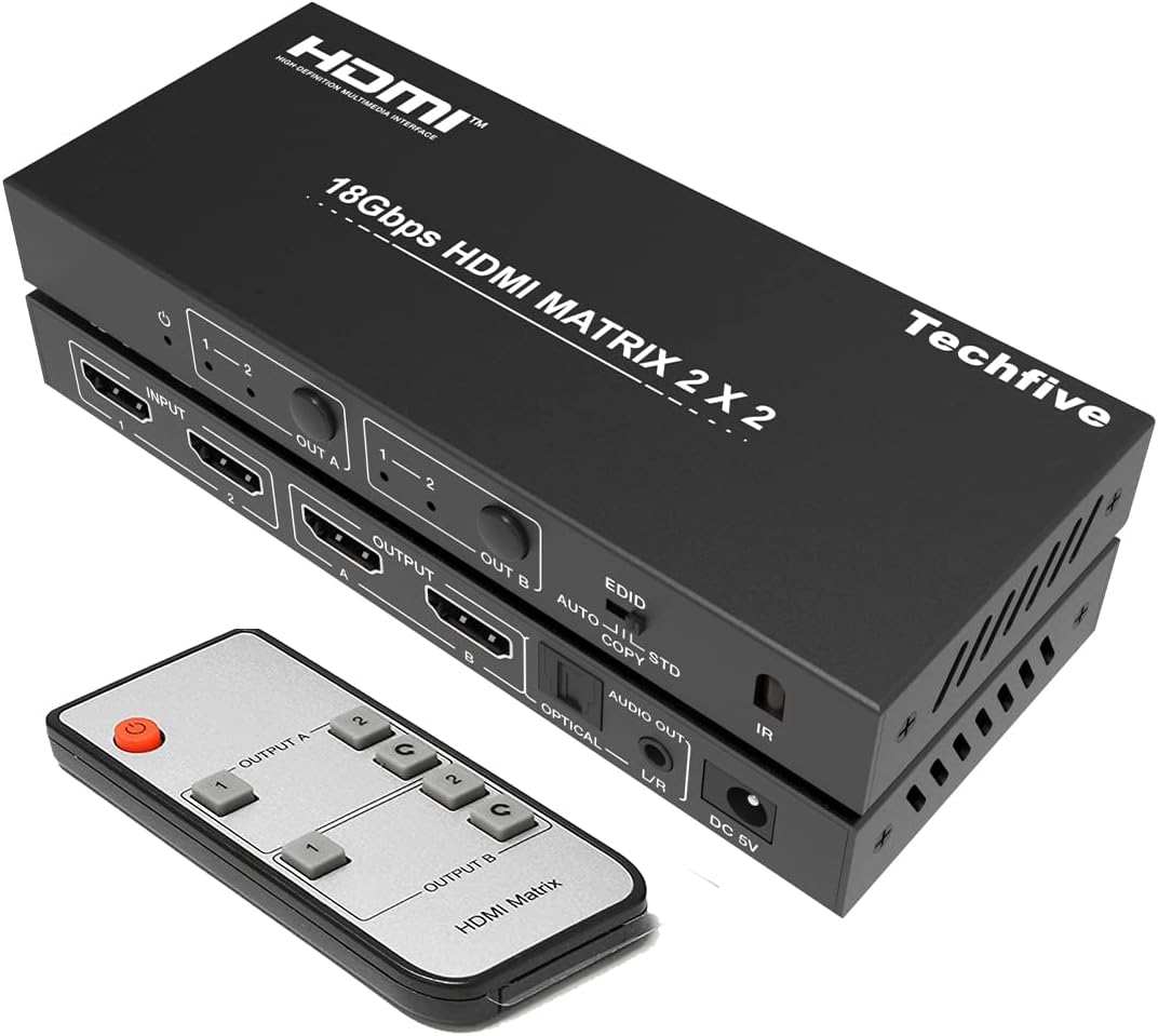 HDMI Switcher 4K@60HZ HDMI Splitter 2 in 2 Out with Optical + 3.5mm Jack Audio Out Extractor,EDID HDMI Matrix 2x2 with Remote Supports HDR 10+,HDMI 2.0b,HDCP 2.2,UHD,HD,1080P,AUTO Compare Resolution
