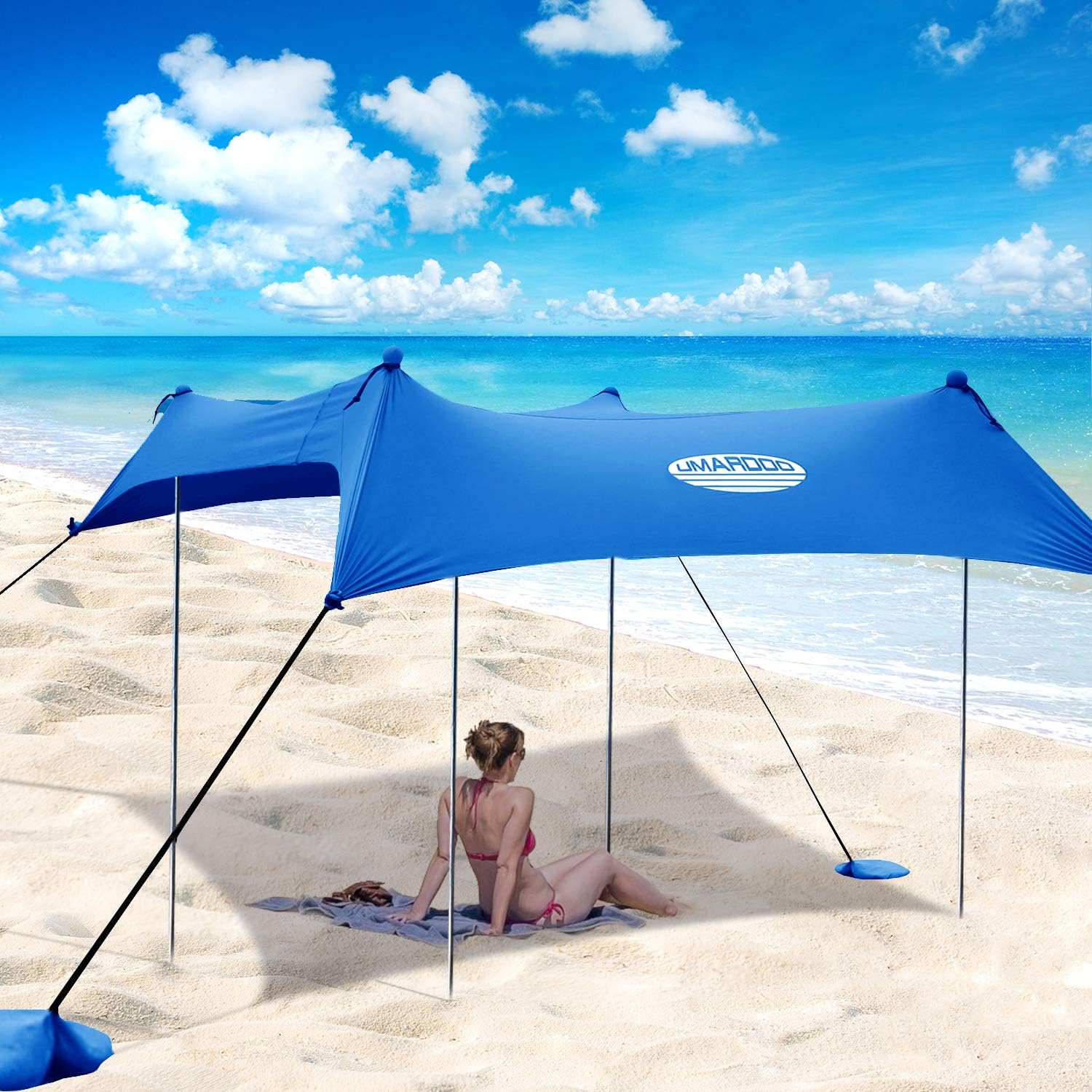 UMARDOO Family Beach Tent with 4 Aluminum Poles, Pop Up Beach Sunshade with Carrying Bag (Blue, 7X7 FT)