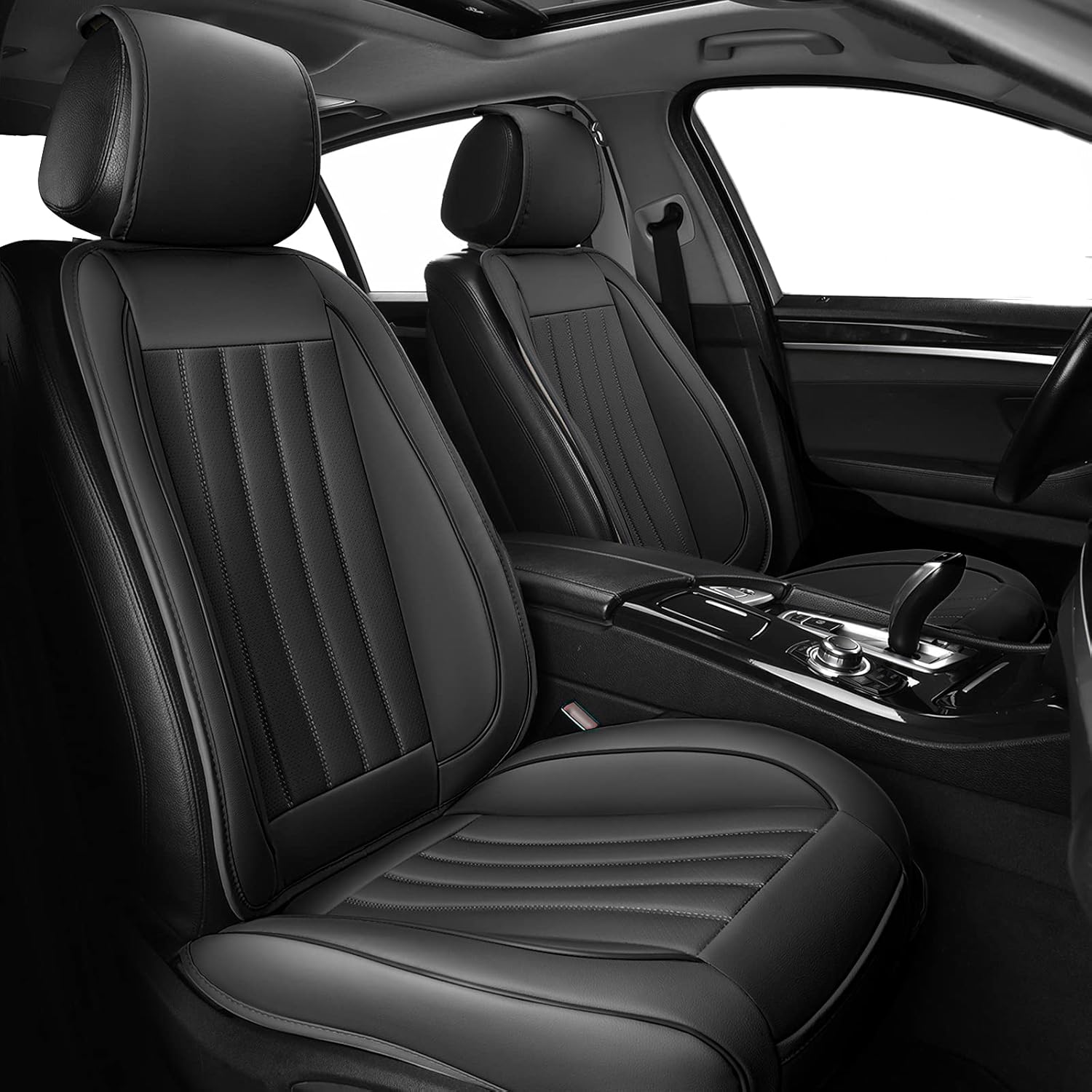 Sunny color 1pc Front Seat Covers, Leather Car Seat Covers Universal for Cars SUV Pick-up Truck Van Interior Accessories-Vertical Stripe Design(Black)