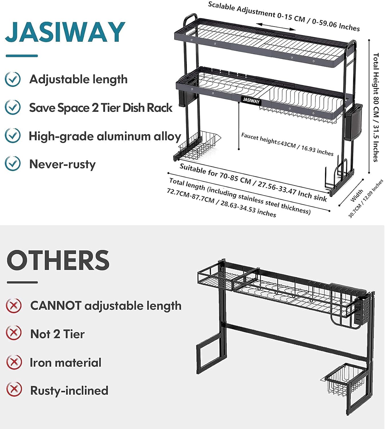Over Sink Dish Drying Rack, JASIWAY Adjustable 2 Tier Stainless Steel Large Kitchen Dish Drainer(27.5