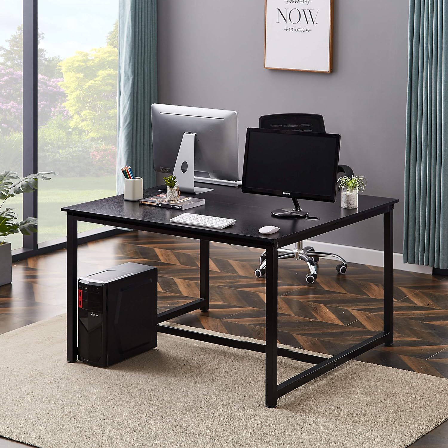 Merax Computer, 47 x 47 inch Two Person Double Workstation, 2 People Office Writing Desk, Black
