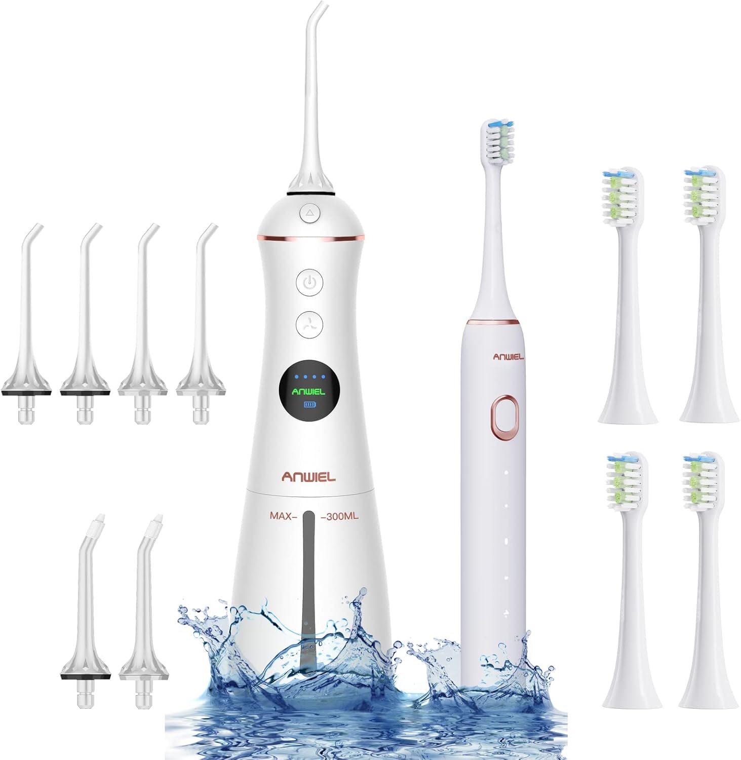 Water Flosser and Ultrasonic Electric Toothbrush Combo, 300ML Cordless Dental Oral Irrigator with DIY Modes, 6 Jet Tips & 4 Brush Heads, LCD Display & IPX7 Waterproof Teeth Cleaner for Home Travel Pack of 2