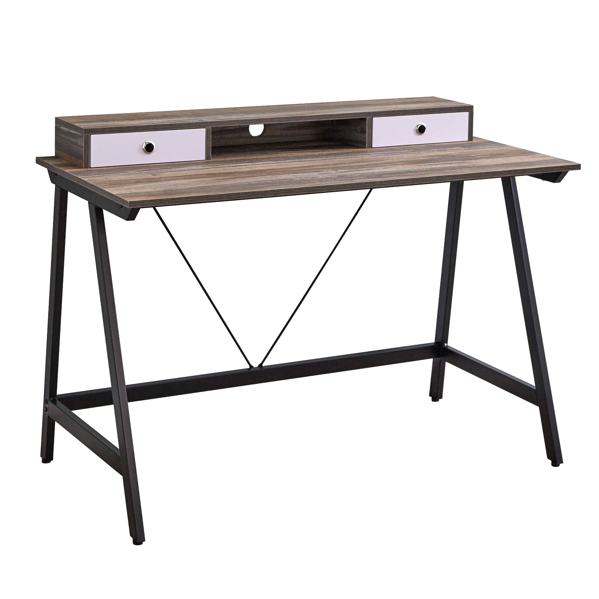 Tucker Mid-Century Writing Desk with Drawers, Driftwood Finish, Black