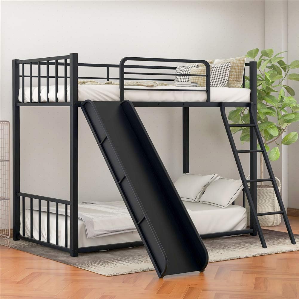 CJLMNMetal Loft Bunk Bed with Slide and Ladder, Multifunctional Design, with Safety Guard Rails for Kids Teens Adults/Easy to Assemble/No Box Spring Required (Black).
