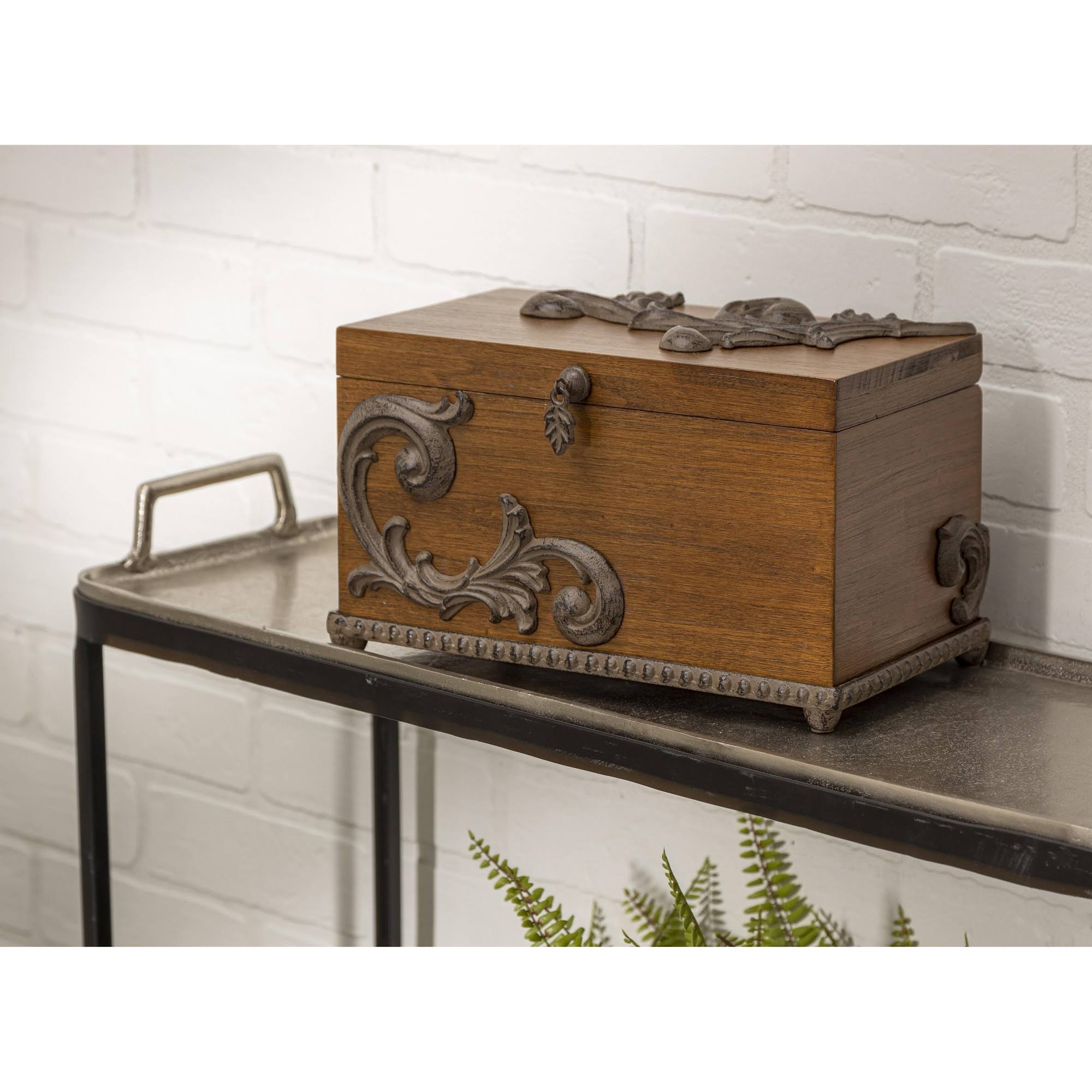 Gerson 11.25x22 Brown Wooden Rectangular Hinged Box with Acanthus Leaf Metal Base