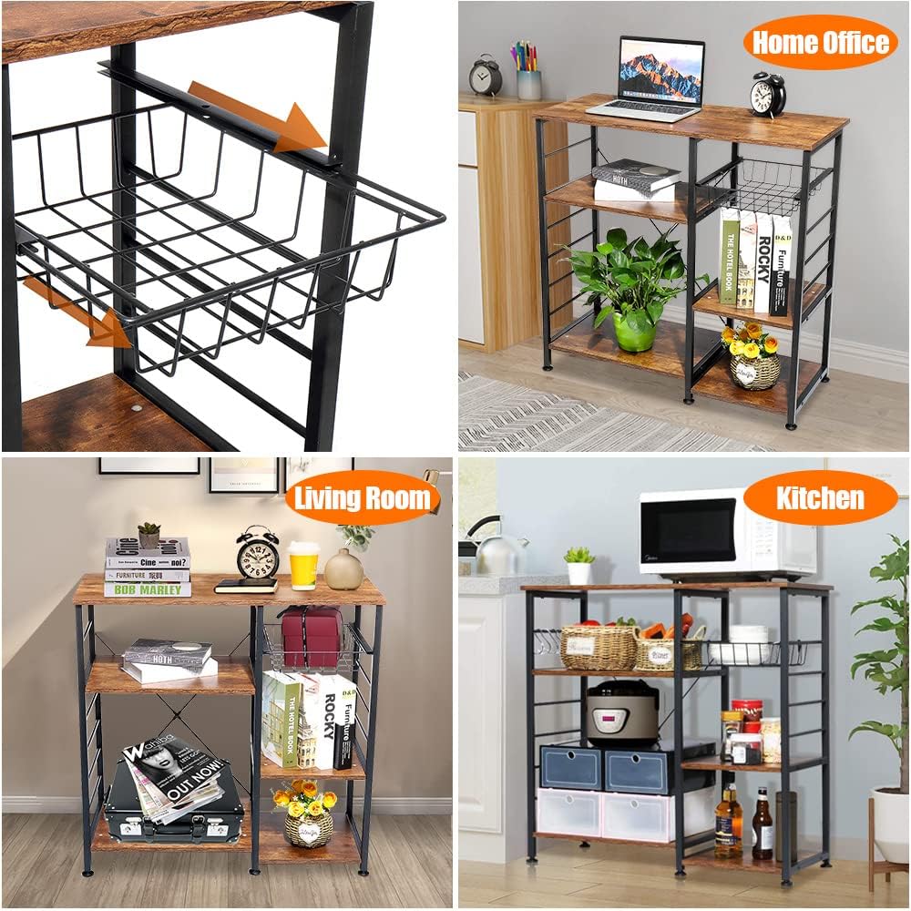 Meigar Industrial Kitchen Baker's Rack Utility Storage Shelf, Coffee Bar with Wire Basket 7 Hooks Microwave Oven Stand Metal Frame Wood Look,Rustic Brown